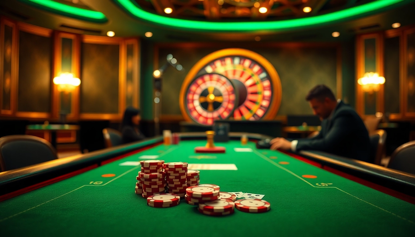 Engaging WW88 online gaming scene with poker chips and dealers at a casino table.