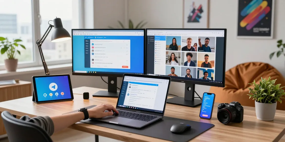 Engaged user utilizing Telegram Web Version on a laptop with dual monitors in a modern workspace.