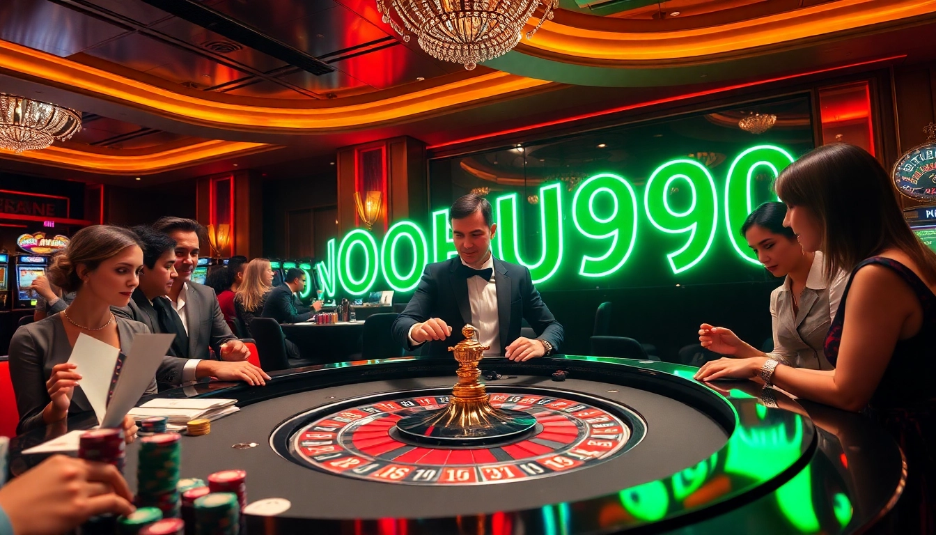 Players experiencing the thrill of gambling at NOHU90, featuring a vibrant casino environment with roulette and slots.