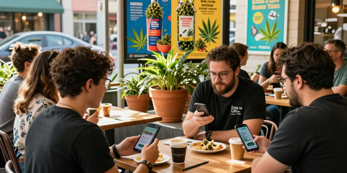 uk weed telegram discussion at outdoor cafe with enthusiasts engaging in cannabis trends