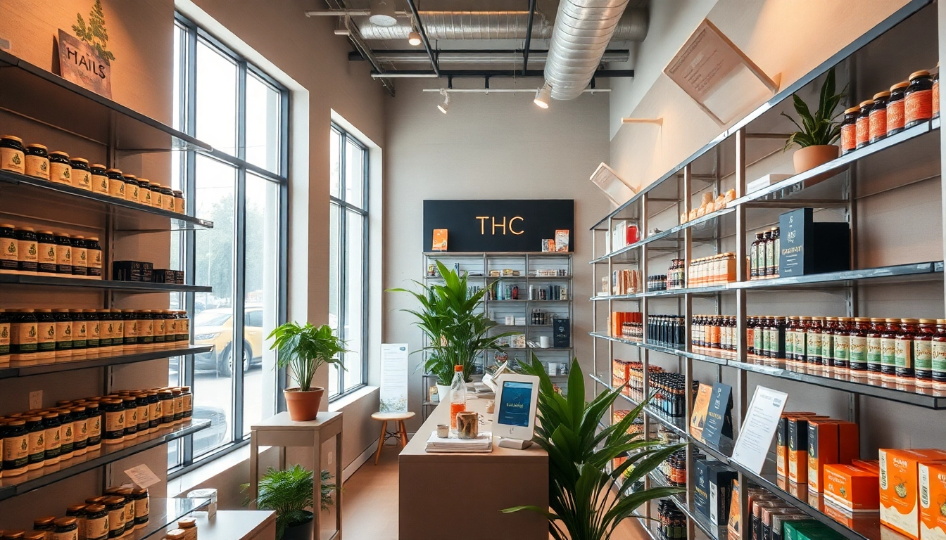 Visit a vibrant THC Shop displaying premium products on elegant shelving.