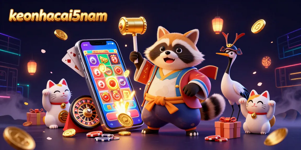 Bet on exciting games with keonhacai5nam: Featuring a cheerful tanuki, casino elements, and vibrant energy.
