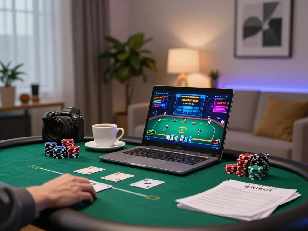 A player engaging with tor hidden wiki for poker strategies on a laptop in a stylish home office.