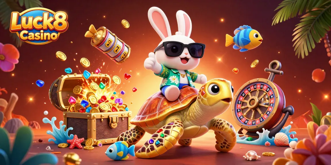 Experience the vibrant excitement of Luck8 Casino with a lucky rabbit and gem-filled sea turtle illustration.