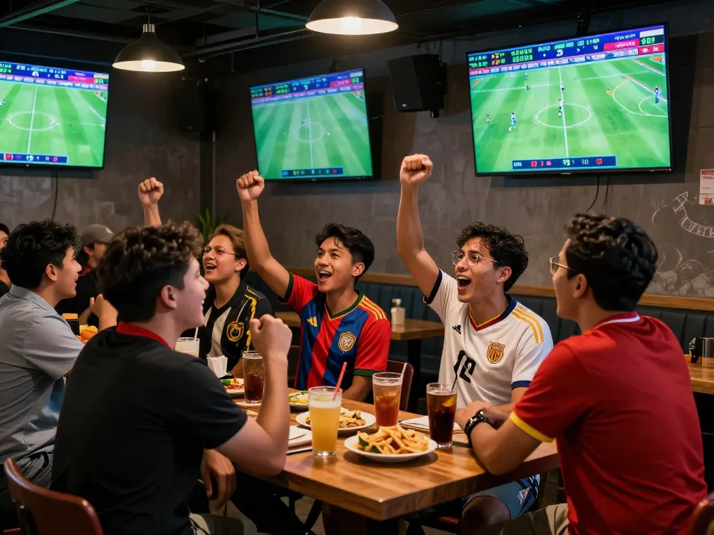 Dynamic sports bar filled with fans cheering and tracking kèo nhà cái during live football matches.
