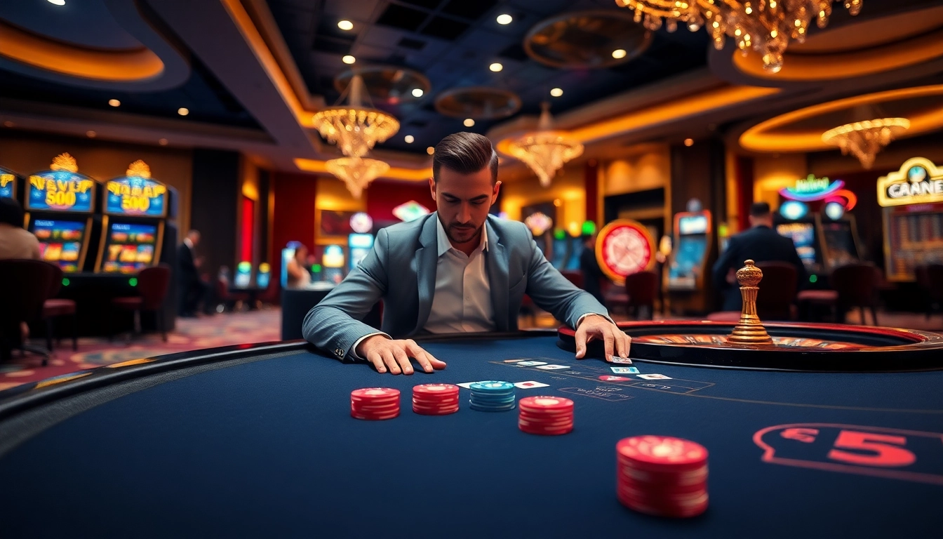 Engaged player strategizing at mm88 com casino table with poker chips and roulette wheel.