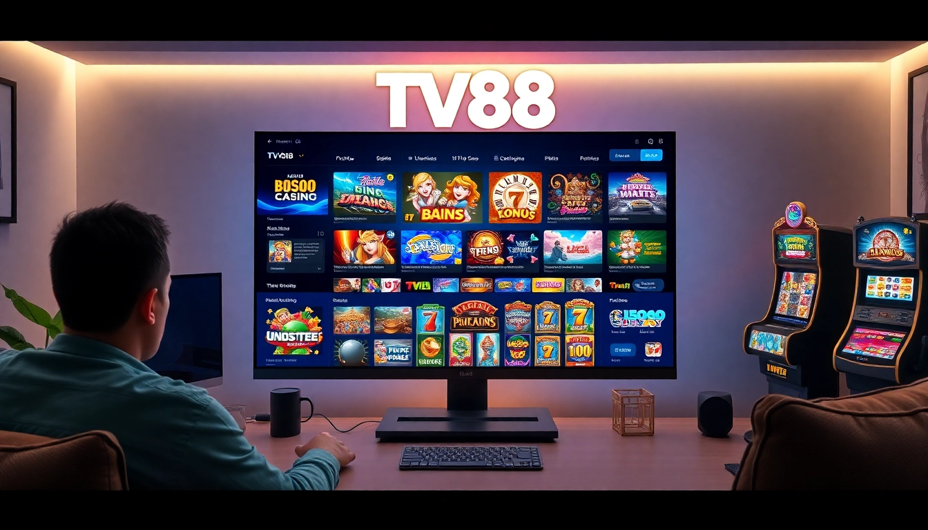 TV88 online gambling interface showcasing diverse games and slots in an engaging setting.