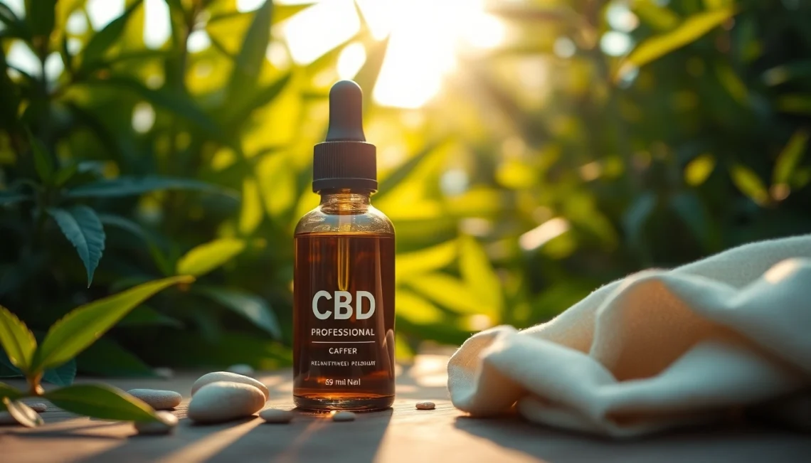 Promote relaxation with CBD Oil bottle in a natural setting surrounded by greenery.