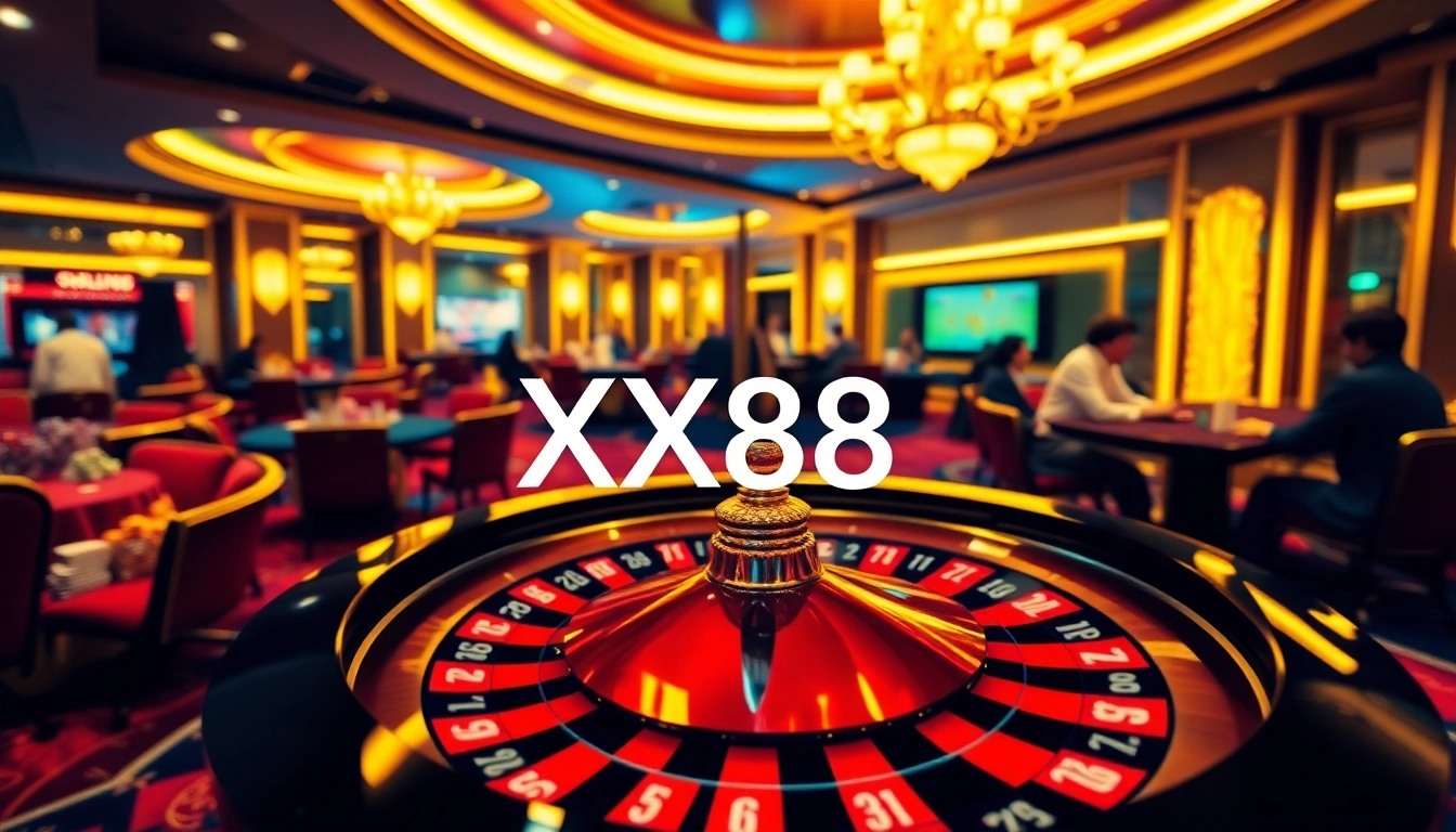 Experience thrilling gambling action at XX88 casino featuring vibrant tables and chips.