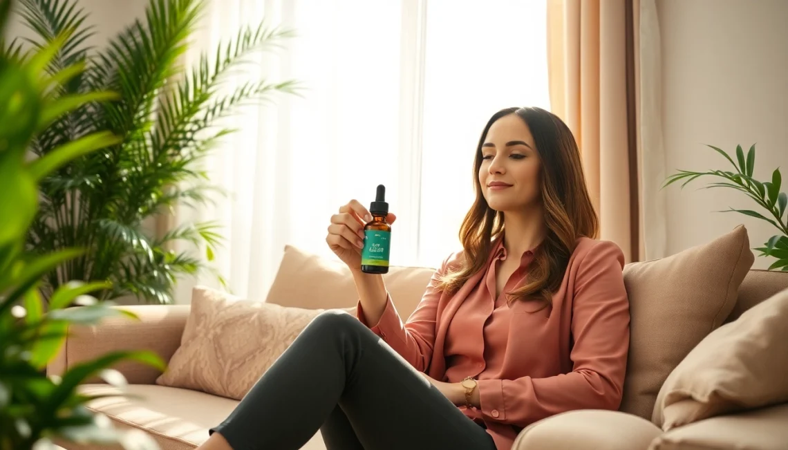 Using CBD tinctures for anxiety, a woman relaxes in a serene living room, emphasizing tranquility.