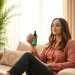 Using CBD tinctures for anxiety, a woman relaxes in a serene living room, emphasizing tranquility.