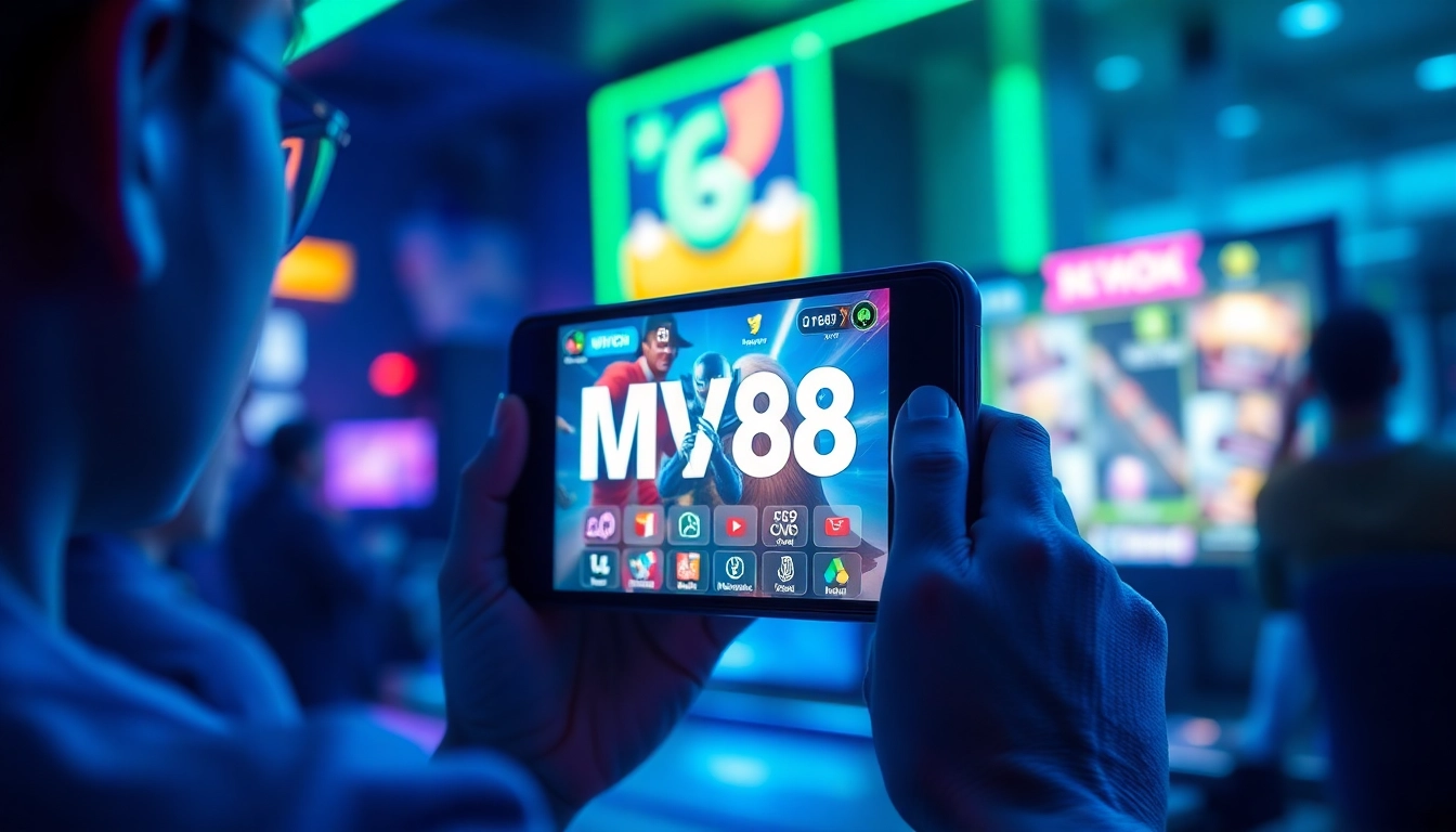 MV88 app interface showcasing vibrant gaming visuals and smartphone display.