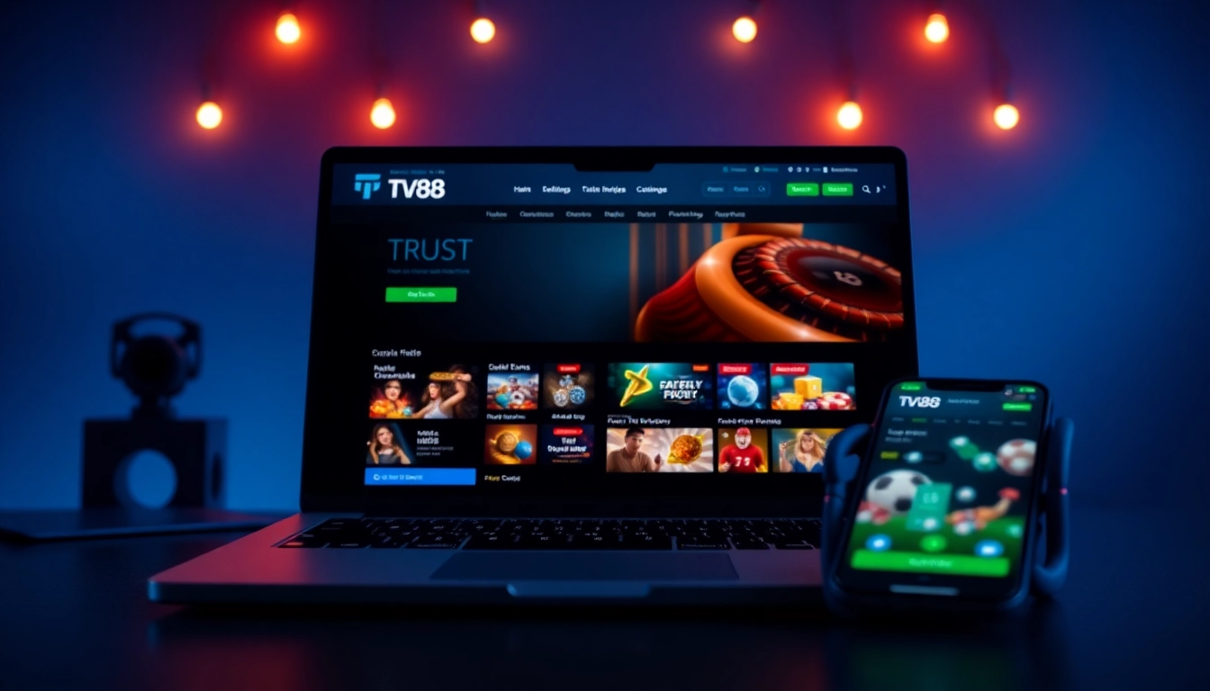 TV88 online gambling platform interface on laptop and mobile, showcasing diverse gaming options.