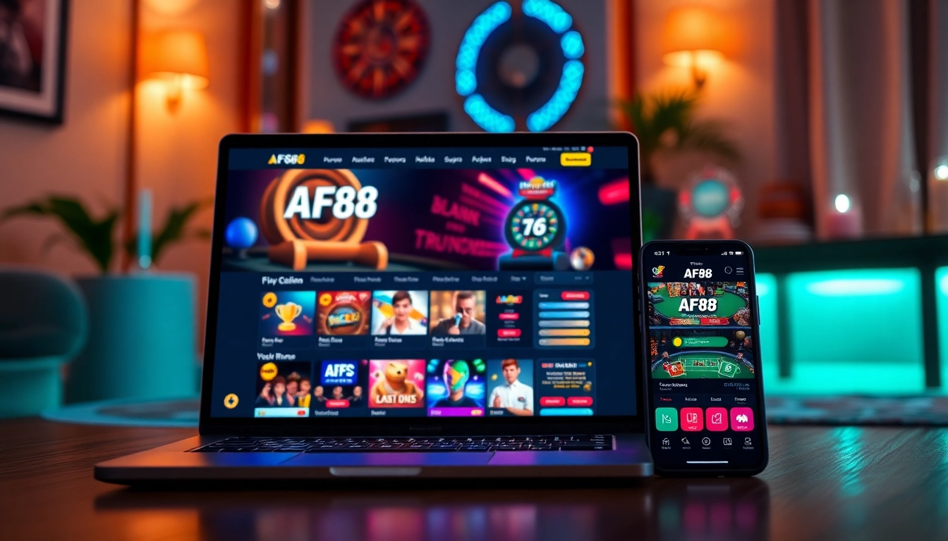 Engaging depiction of AF88 online gambling interface and app experience in a modern gaming room.