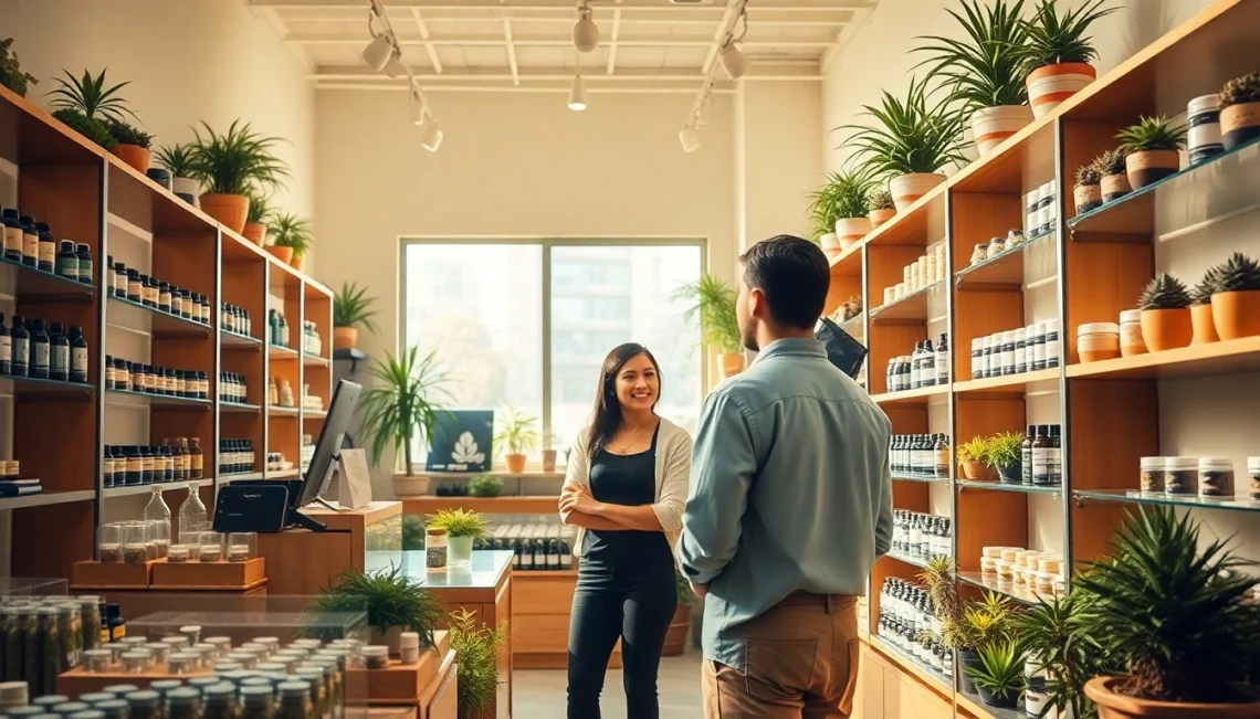 Engaging shopping experience at a weed store with vibrant cannabis product displays.