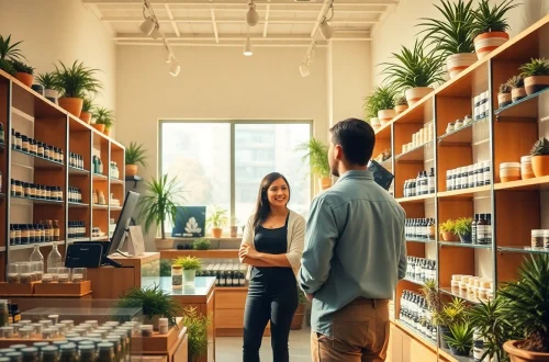 Engaging shopping experience at a weed store with vibrant cannabis product displays.