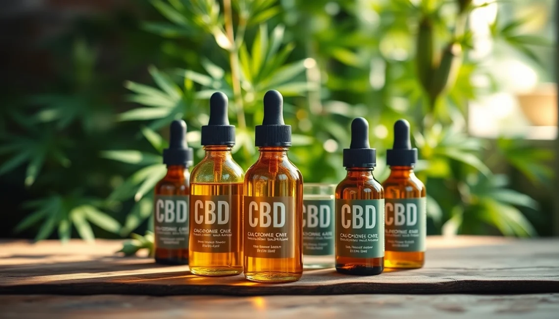 Showcasing CBD oil bottles on a wooden table surrounded by hemp plants, emphasizing natural wellness.