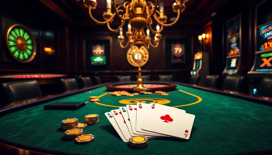 Action-packed poker scene at the casino, showcasing 79king chips and cards.