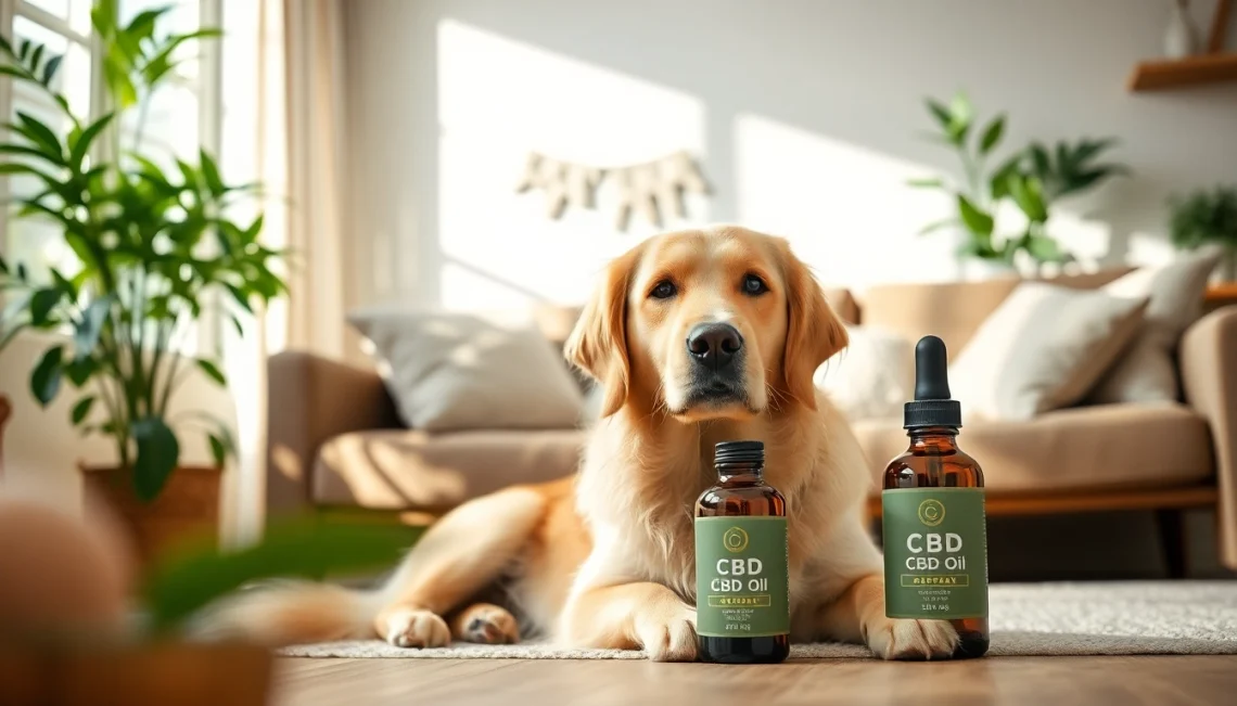 Calm golden retriever with CBD For Pet oil bottle in a cozy living room environment