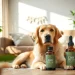 Calm golden retriever with CBD For Pet oil bottle in a cozy living room environment
