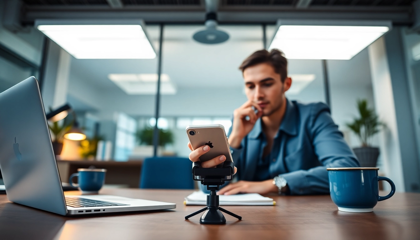 MV88 microphone showcased in a modern workspace with an iPhone.