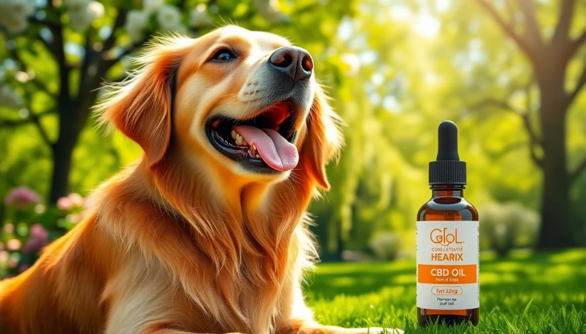 Happy dog with CBD Oil For Dog in sunny park setting for health and wellness.