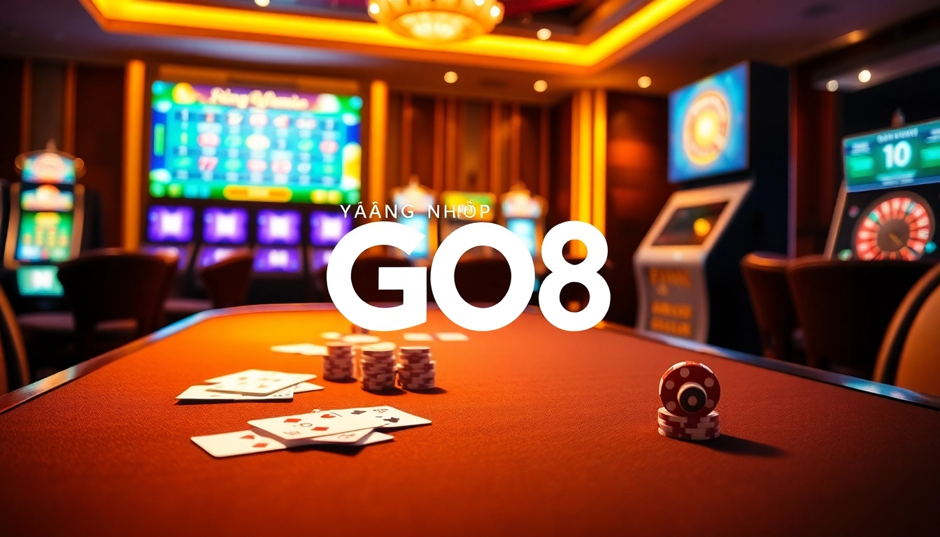 Engaging scene depicting đăng nhập GO8 process at a luxury casino with cards, chips, and vibrant lighting.