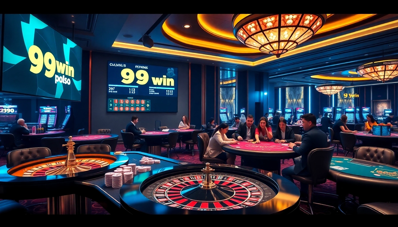 Exciting gambling scene at 99win casino featuring vibrant tables and professional players.
