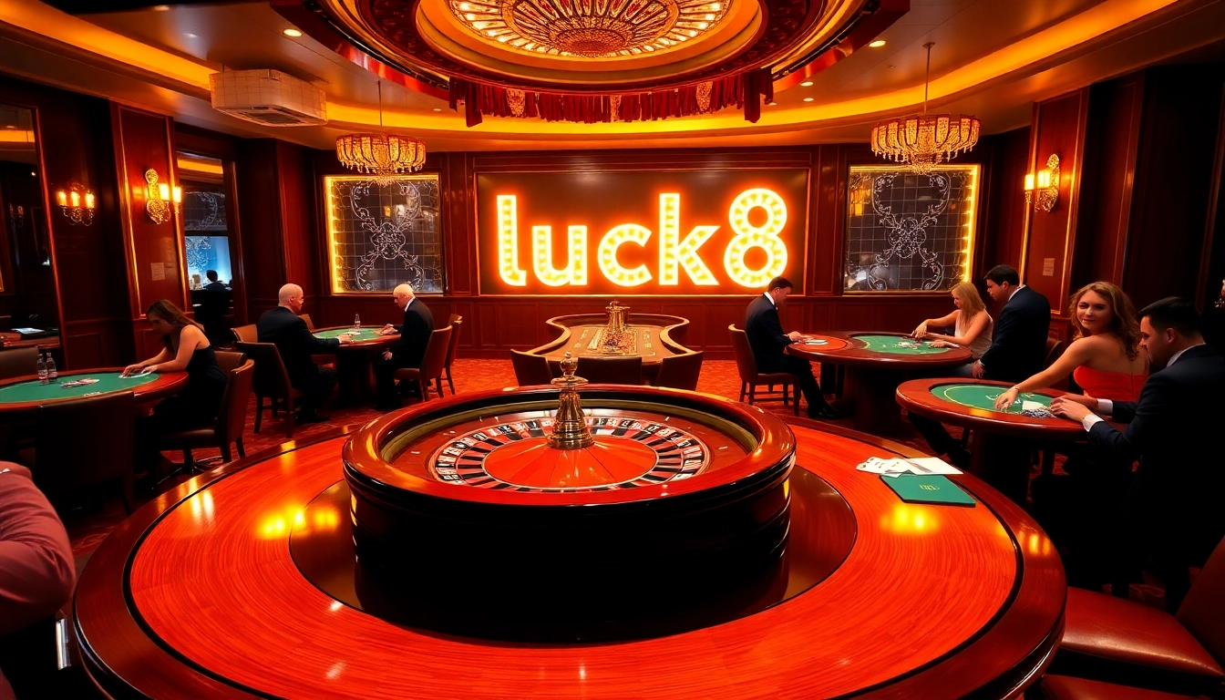 Players enjoying vibrant casino games at luck8 with roulette and poker tables.