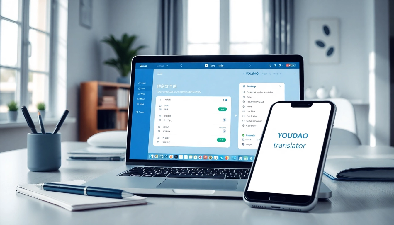 Youdao translation download interface on a laptop in a modern workspace