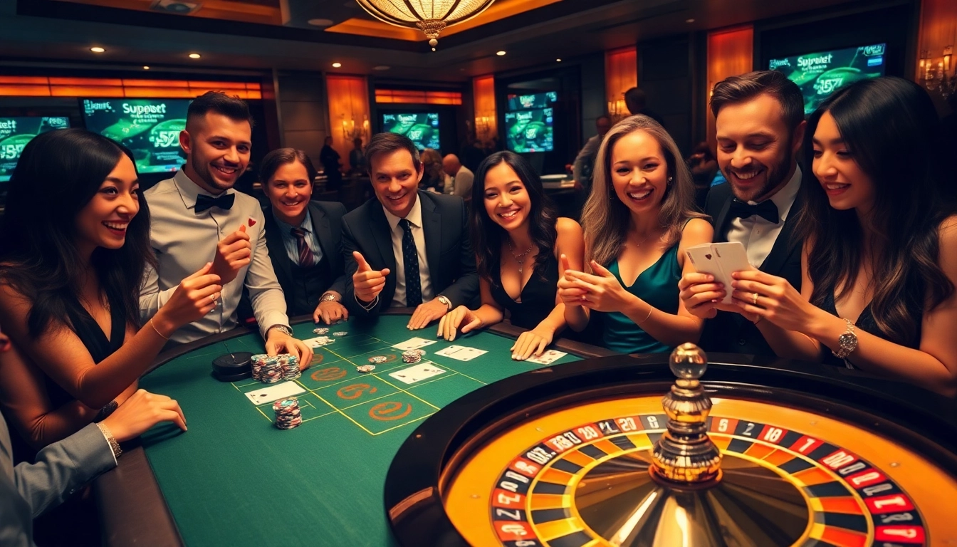 Players enjoy the excitement of Superbet gaming with vibrant poker chips and cards at a luxurious casino table.