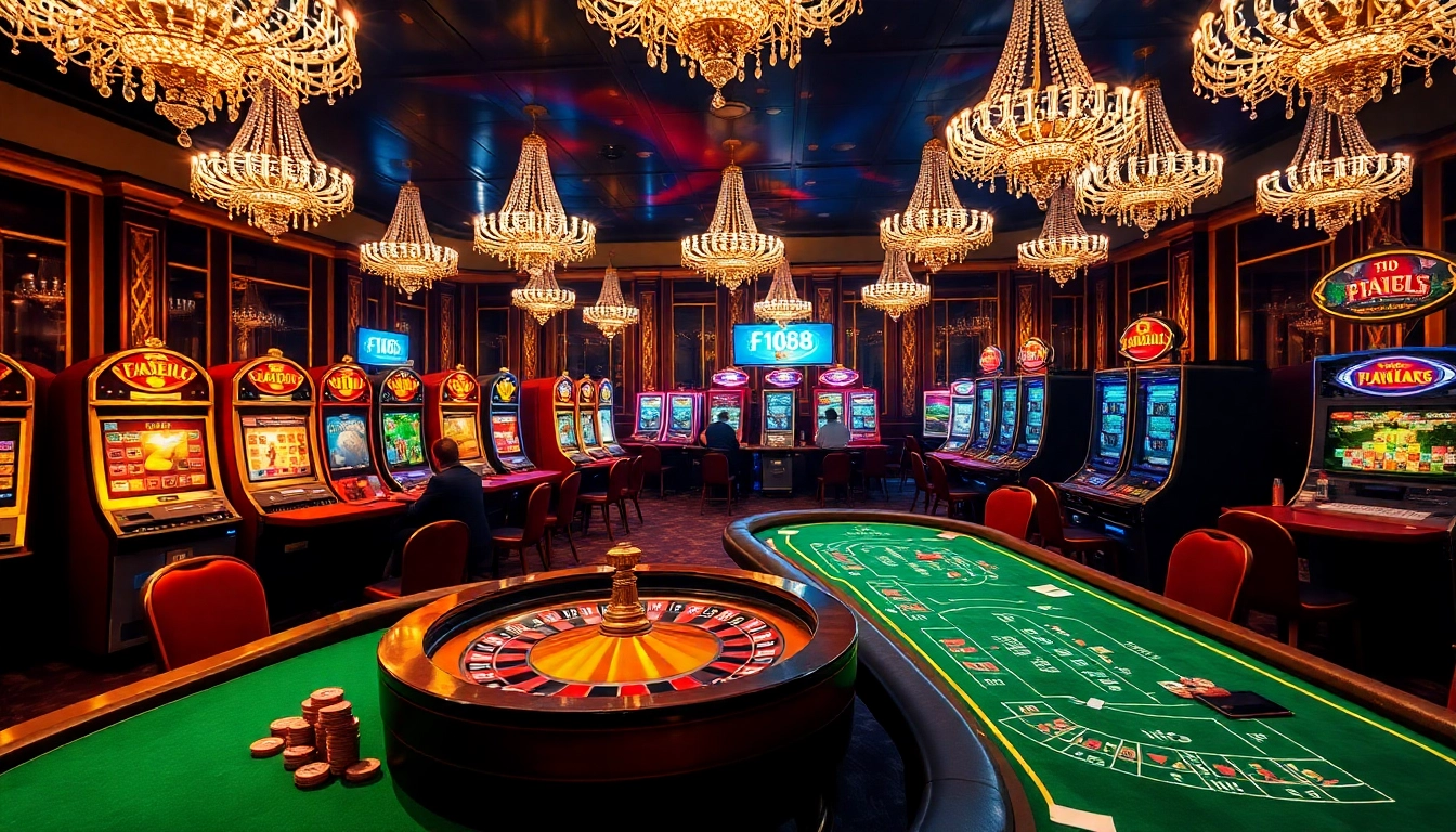 Players experiencing the thrill of gambling at F168 casino tables with vibrant slots and poker action.