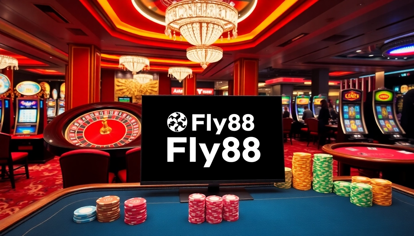 Players enjoying the excitement of Fly88 at a luxurious casino with roulette and slots.