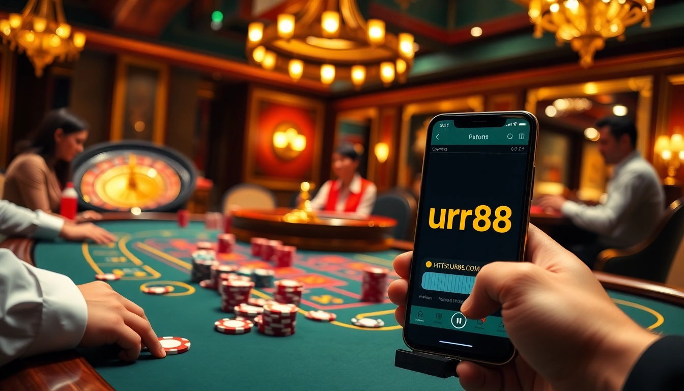 High-stakes blackjack action at a casino table with gambling elements featuring https://urr88.com/ smartphone interface