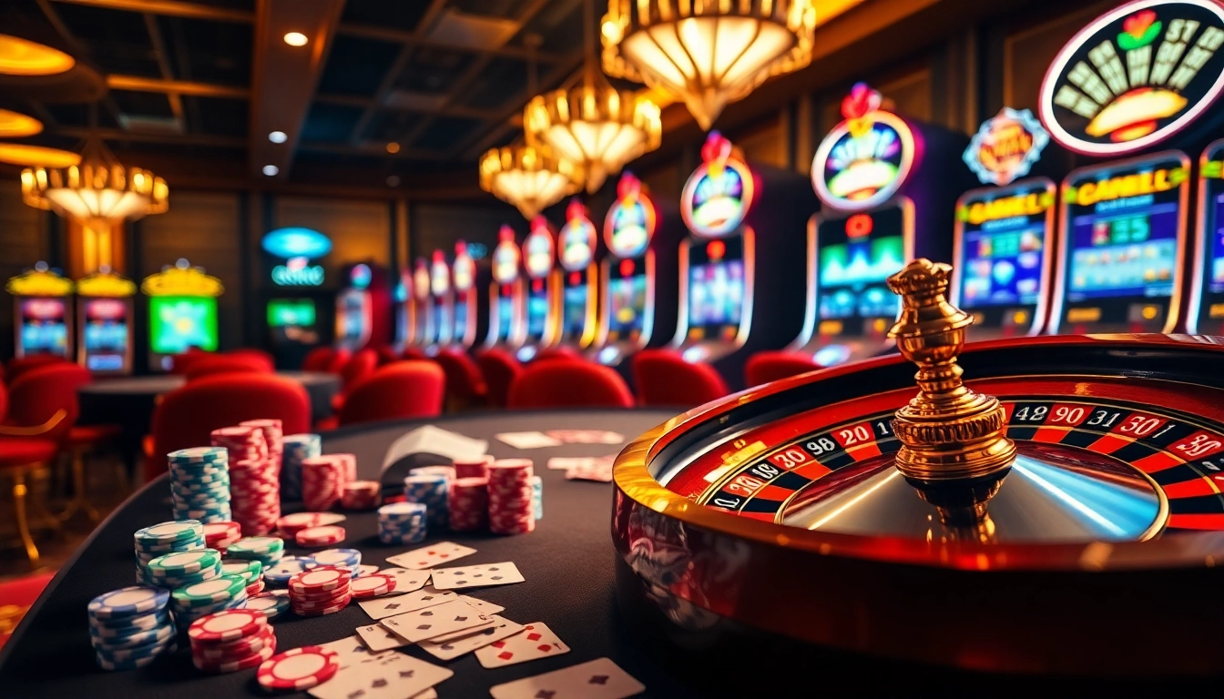KJC Online Gaming table scene featuring vibrant poker chips and a roulette wheel.