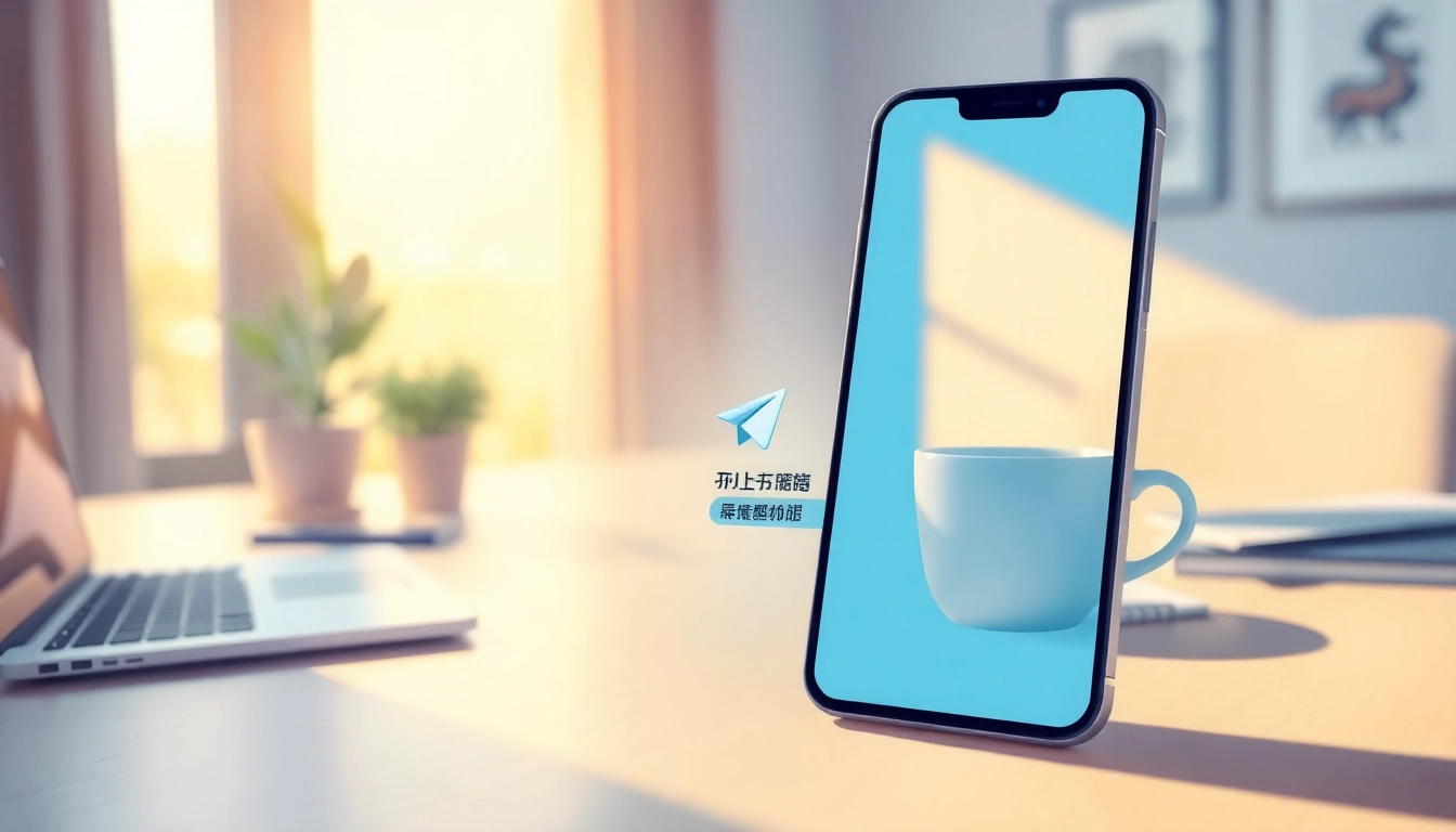Telegram中文版 interface displayed on a smartphone in a professional workspace.