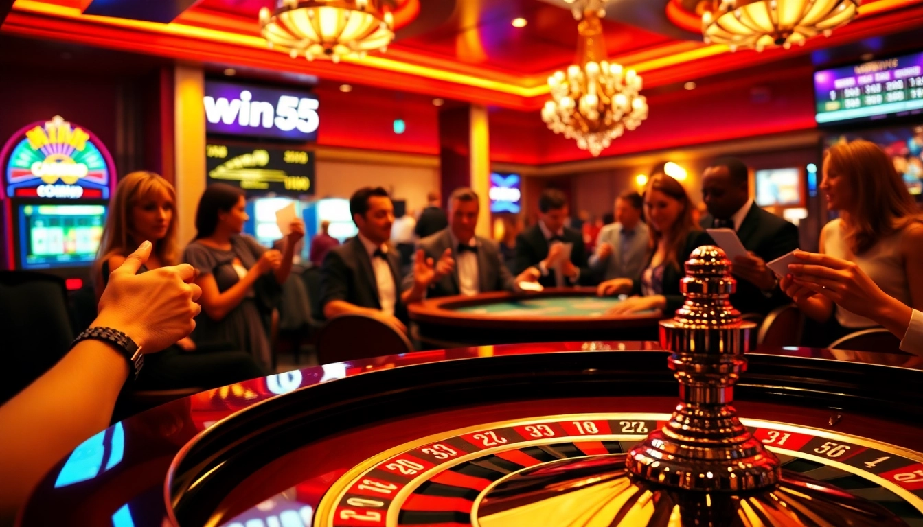 Players enjoying roulette and slot machines at win55 casino, evoking excitement and luxury.