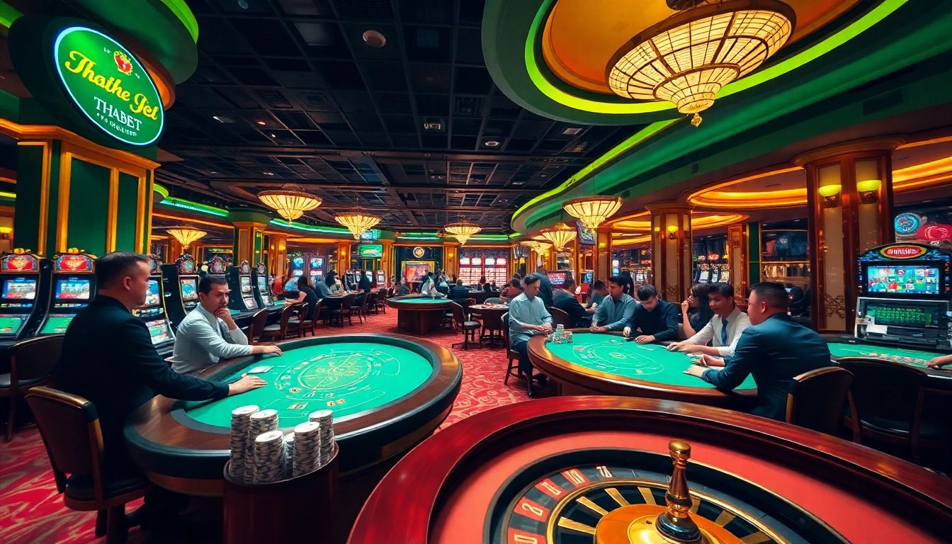 Players winning at Nhà Cái THABET casino tables with vibrant lights and decorations.