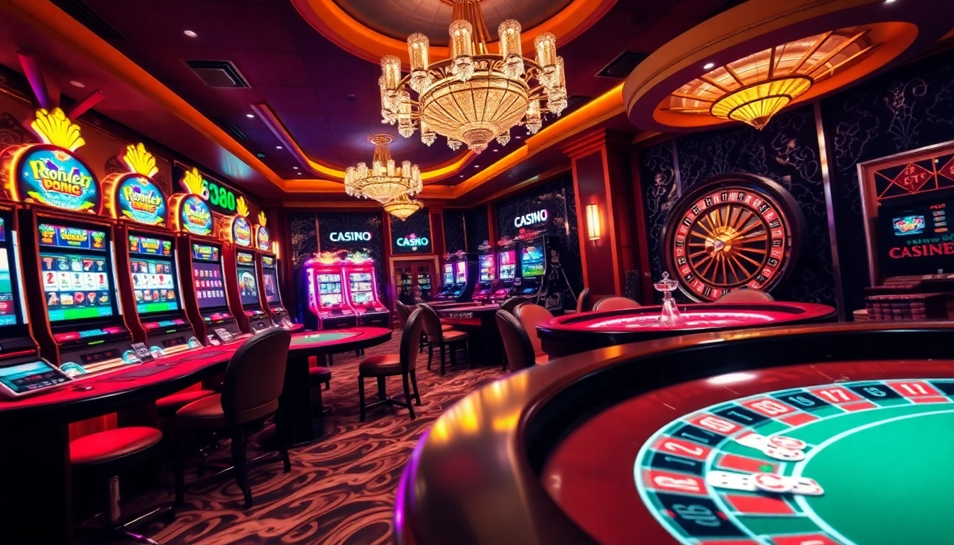 Players enjoying an exciting gaming experience at MM88 casino, featuring vibrant slot machines and poker tables.