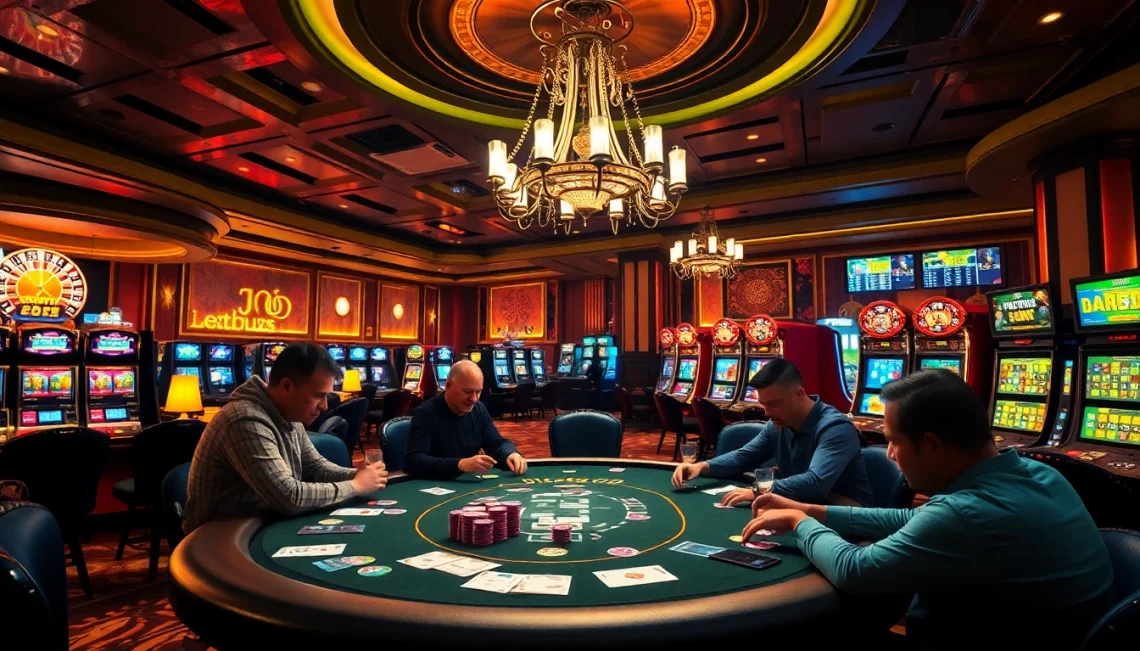 Experience thrilling 'jeetbuzz' action at an exciting casino with poker tables and slot machines.