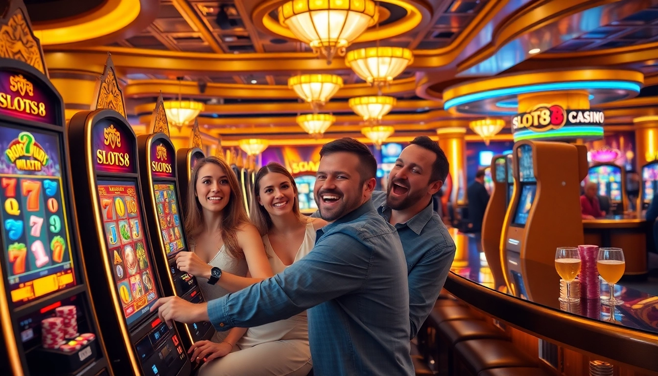 Players enjoying SLOTS8 slot machines in a luxurious casino environment.