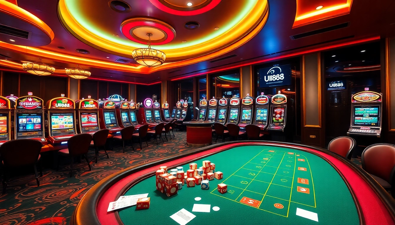 UU88 players are engaging in lively poker amidst a luxurious casino setting, showcasing excitement and high stakes.