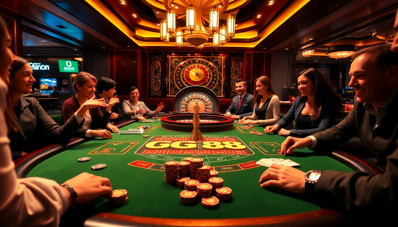 Players enjoying high-stakes action at a GG88 casino table, full of excitement and luxury.