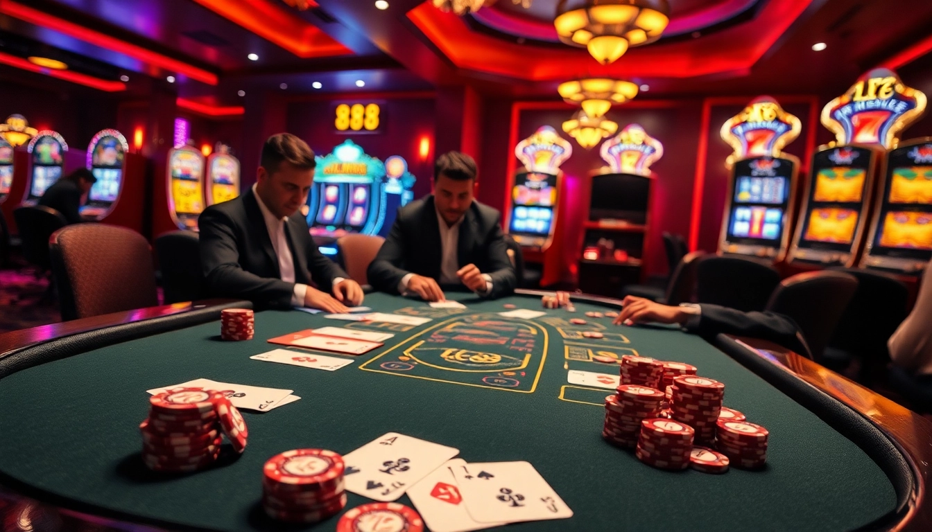 Engage in thrilling casino action with Lc88's luxurious gaming scene featuring elegant blackjack tables and vibrant slot machines.
