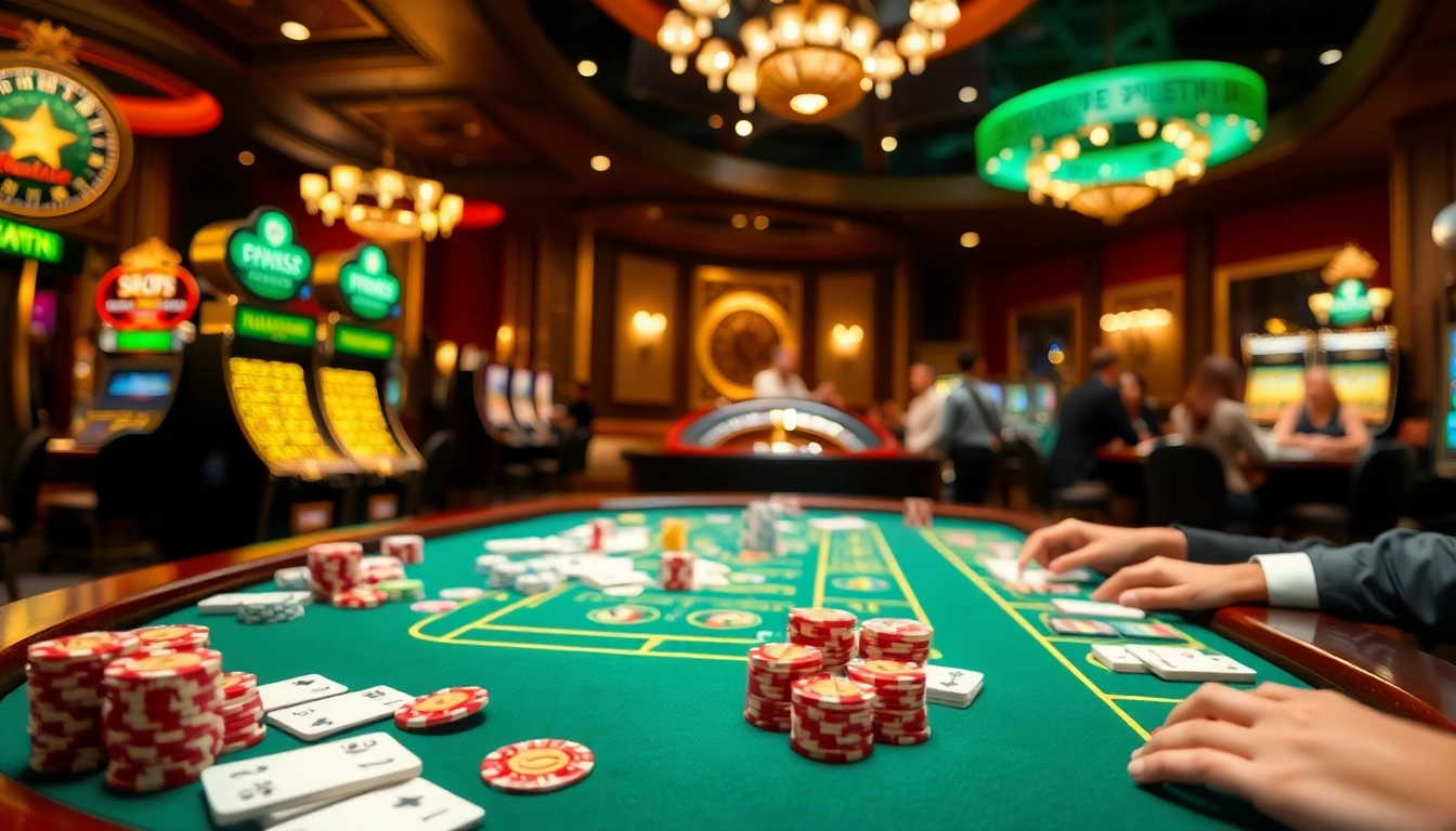 An exciting poker game scene at https://new88c.co/ featuring cards, chips, and a roulette wheel, capturing casino thrills.