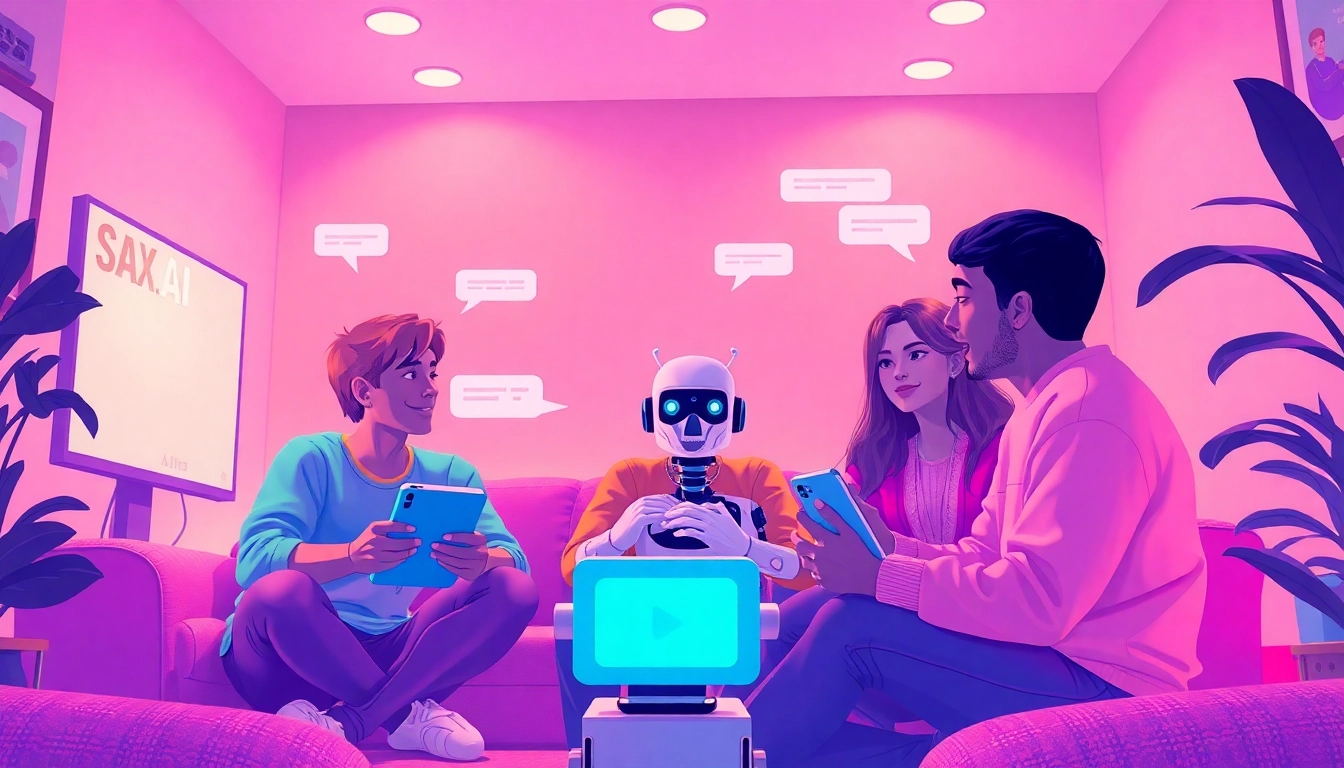 Engaging scene of diverse characters enjoying sex ai chat with an AI chatbot in a cozy virtual room.