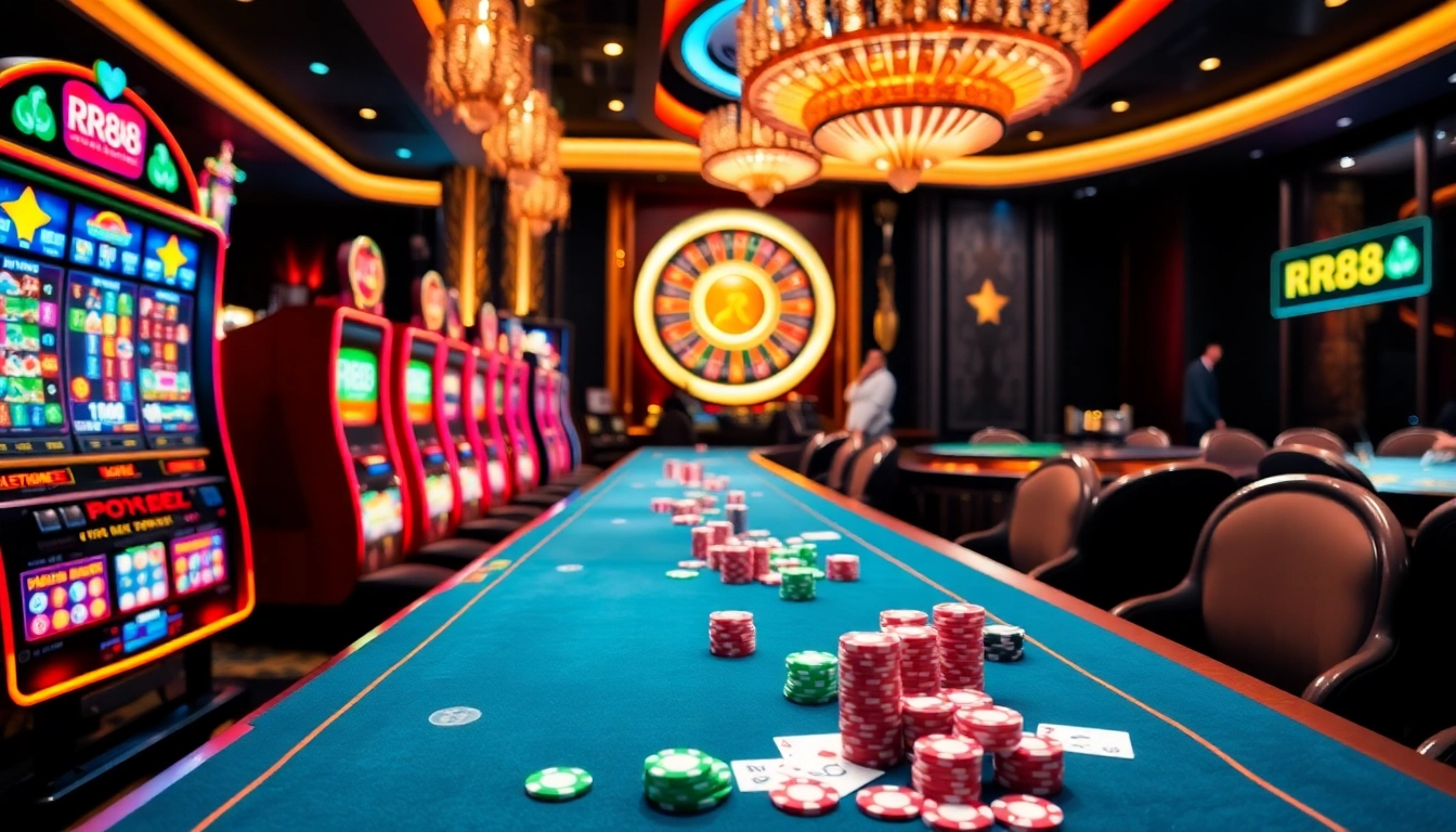 Engage in thrilling games at RR88's dynamic casino environment with poker tables and slot machines.