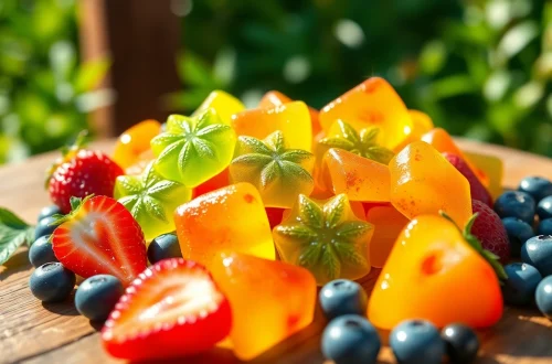 Savor delicious Weed Gummies surrounded by fresh fruits on a rustic table.