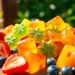 Savor delicious Weed Gummies surrounded by fresh fruits on a rustic table.