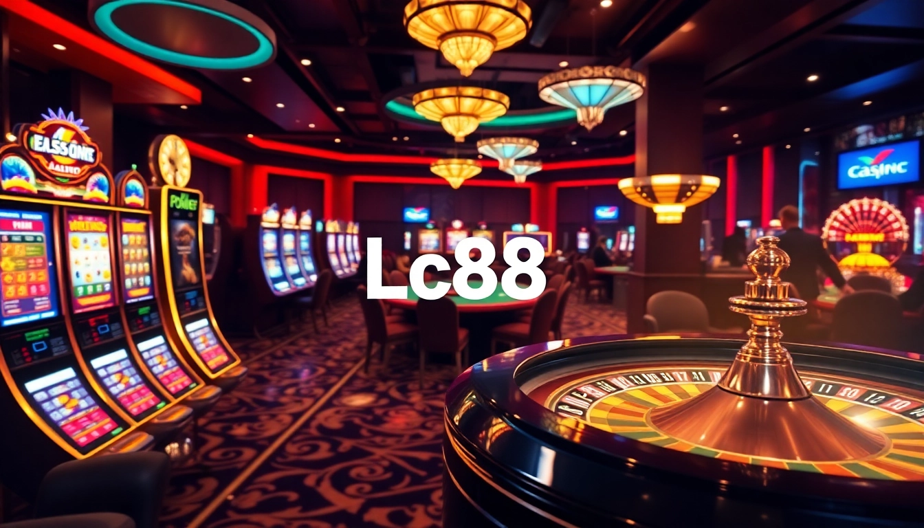 Players engaging at a poker table in a luxurious casino, with 'Lc88' online gambling interface visible.